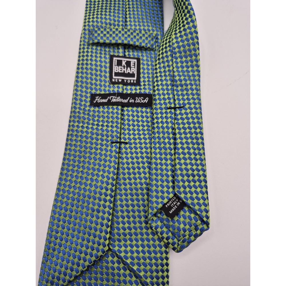 IKE BEHAR 100% SILK MEN'S TIE GREEN/BLUE GEOMETRIC - Picture 4 of 4